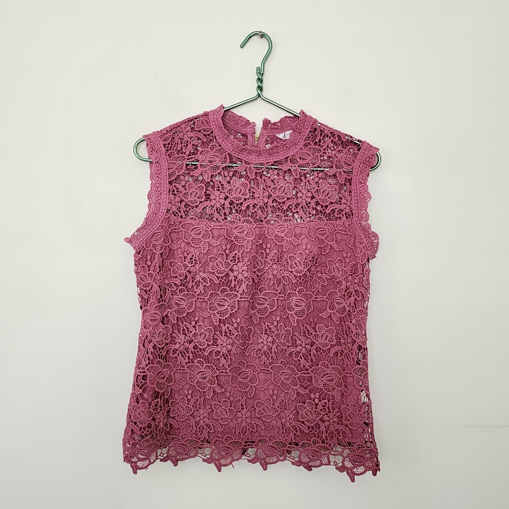 Nanette Lepore Women Mauve Pink Floral Lace Mock Neck Sleeveless Shell Top M